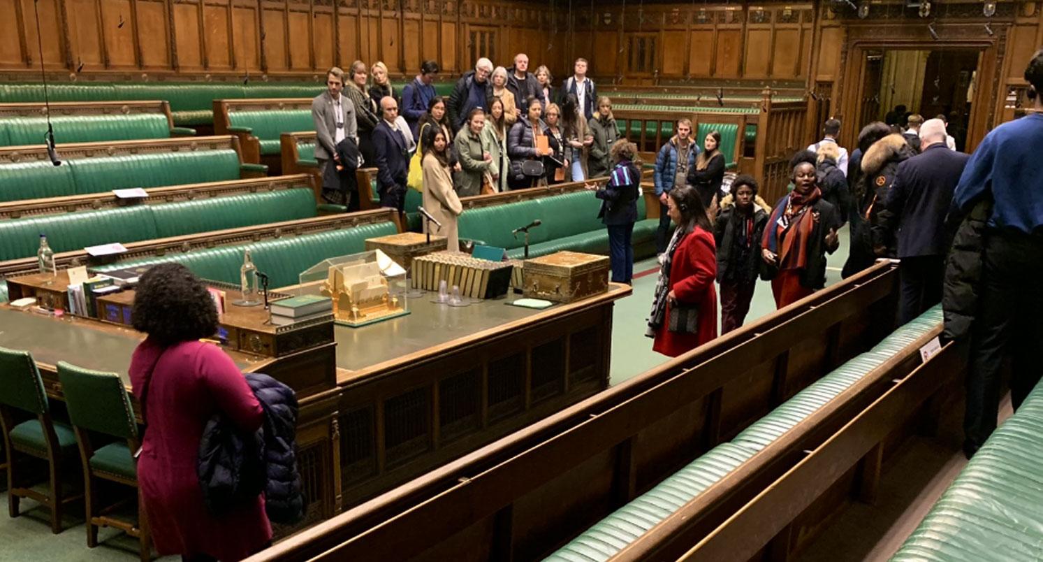 A large group of Goldsmiths law students exploring the House of Commons